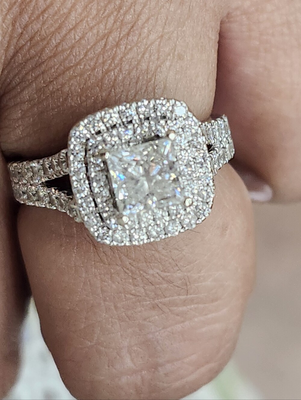 Double Halo Princess Cut Diamond Engagement Ring - White Gold Tone